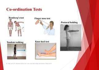 Co-ordination Tests
Romberg’s test Finger nose test
Tandem walking Knee heel test
Dr. Shalu jain @ Pt. Khushilal Sharma Govt. Auto. Ayurveda College And institute, Bhopal (M.P)
Finger nose test
Postural holding
Postural holding
Dr. Shalu jain @ Pt. Khushilal Sharma Govt. Auto. Ayurveda College And institute, Bhopal (M.P)
 