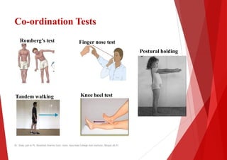Co-ordination Tests
Romberg’s test Finger nose test
Tandem walking Knee heel test
Dr. Shalu jain @ Pt. Khushilal Sharma Go...