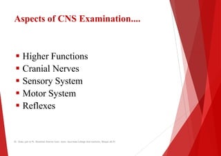 Aspects of CNS Examination....
 Higher Functions
 Higher Functions
 Cranial Nerves
 Sensory System
 Motor System
 Reflexes
 Reflexes
Dr. Shalu jain @ Pt. Khushilal Sharma Govt. Auto. Ayurveda College And institute, Bhopal (M.P)
Aspects of CNS Examination....
Dr. Shalu jain @ Pt. Khushilal Sharma Govt. Auto. Ayurveda College And institute, Bhopal (M.P)
 