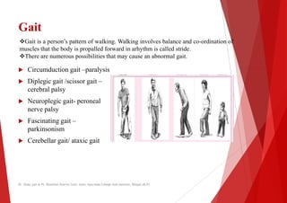 Gait
 Circumduction gait –paralysis
Gait is a person’s pattern of walking. Walking involves
muscles that the body is propalled forward in arhythm
There are numerous possibilities that may cause
 Circumduction gait –paralysis
 Diplegic gait /scissor gait –
cerebral palsy
 Neuroplegic gait- peroneal
nerve palsy
 Fascinating gait –
parkinsonism
 Cerebellar gait/ ataxic gait
Dr. Shalu jain @ Pt. Khushilal Sharma Govt. Auto. Ayurveda College And institute, Bhopal (M.P)
involves balance and co-ordination of
arhythm is called stride.
an abnormal gait.
Dr. Shalu jain @ Pt. Khushilal Sharma Govt. Auto. Ayurveda College And institute, Bhopal (M.P)
 