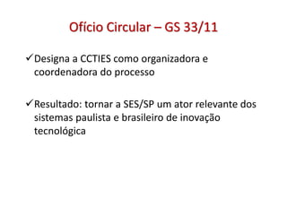 Ofício Circular – GS 33/11
Designa a CCTIES como organizadora e
coordenadora do processo
Resultado: tornar a SES/SP um ator relevante dos
sistemas paulista e brasileiro de inovação
tecnológica
 