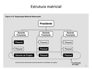 Estrutura matricial
Coordenação
do Projeto
Gerente
Funcional
Gerente
Funcional
Gerente
Funcional
Pessoal
Pessoal Pessoal
Gerente de Projeto
(Caixas pretas representam pessoal alocado às atividades do projeto)
Figura 2-10. Organização Matricial Balanceada
Pessoal
Pessoal
Pessoal
Pessoal
Pessoal
23
 