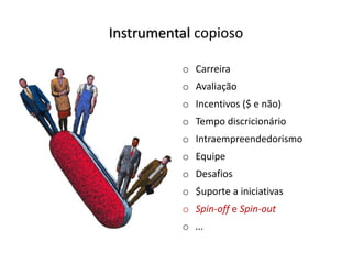 Instrumental copioso
o Carreira
o Avaliação
o Incentivos ($ e não)
o Tempo discricionário
o Intraempreendedorismo
o Equipe
o Desafios
o $uporte a iniciativas
o Spin-off e Spin-out
o ...
 