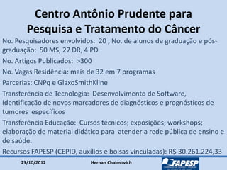 23/10/2012 Hernan Chaimovich
Centro Antônio Prudente para
Pesquisa e Tratamento do Câncer
No. Pesquisadores envolvidos: 20 , No. de alunos de graduação e pós-
graduação: 50 MS, 27 DR, 4 PD
No. Artigos Publicados: >300
No. Vagas Residência: mais de 32 em 7 programas
Parcerias: CNPq e GlaxoSmithKline
Transferência de Tecnologia: Desenvolvimento de Software,
Identificação de novos marcadores de diagnósticos e prognósticos de
tumores específicos
Transferência Educação: Cursos técnicos; exposições; workshops;
elaboração de material didático para atender a rede pública de ensino e
de saúde.
Recursos FAPESP (CEPID, auxílios e bolsas vinculadas): R$ 30.261.224,33
 