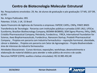 23/10/2012 Hernan Chaimovich
Centro de Biotecnologia Molecular Estrutural
No. Pesquisadores envolvidos: 29, No. de alunos de graduação e pós-graduação: 57 MS, 107 DR,
43 PD
No. Artigos Publicados: 891
Patentes: 3 EUA, 1 UK, 15 Brasil
Apoio Financeiro de Agências de Fomento e empresas: FAPESP, CAPEs, CNPq, FINEP, BNDS
Transferência de Tecnologia: Parcerias com instituições públicas e privadas (USP, LNLS, UFSCar,
Eurofarma, Brazilian Biothecnology Company, BIOMM-BIOBRÁS, SEM Sigma Pharma, FAFq, OMS,
Cristália Pharmaceutical Company, Petrobrás, Fundecitrus, FIRCA, International Foundation for
Science, Axxo Biopharmaceuticals, Fundecitrus, Nanocore Startup, Prodotti Pharmaceutical
Company , Projetos em parceria com Industria Farmacêutica – reposição hormonal, obesidade,
câncer e diabetes , Projetos em parceria com Setor de Agronegócios - Projeto Biodiversidade -
área de interesse da industria farmaceutica
Atividades Educacionais: Cursos técnicos; exposições; workshops; desenvolvimento e
elaboração de material didático para atender a rede pública de ensino e de saúde.
Recursos FAPESP (CEPID, auxílios e bolsas vinculadas): R$ 33.985.492,48
 