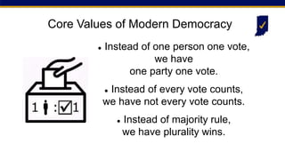 Core Values of Modern Democracy
 Instead of one person one vote,
we have
one party one vote.
 Instead of every vote counts,
we have not every vote counts.
 Instead of majority rule,
we have plurality wins.
 