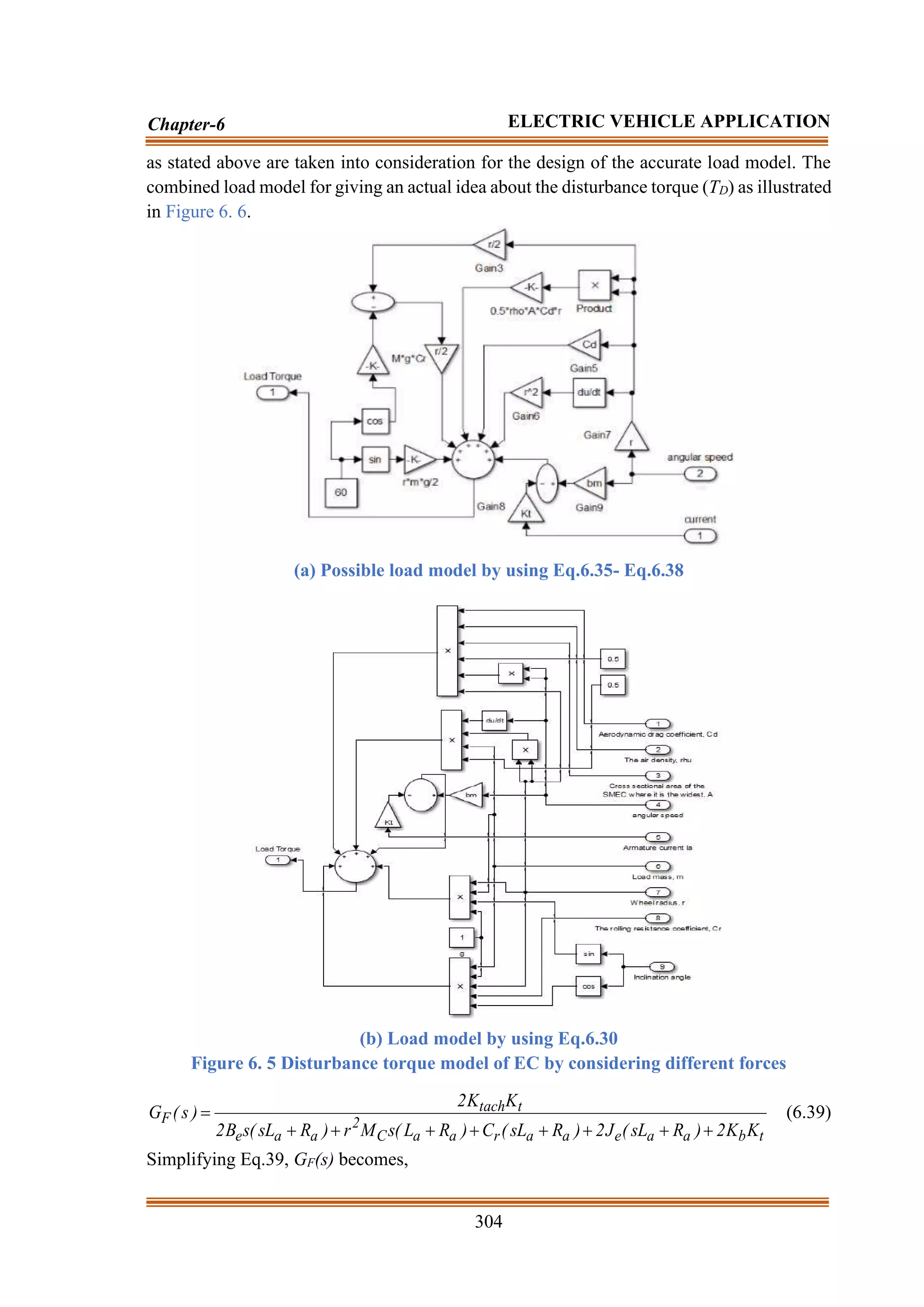 304
Chapter-6 ELECTRIC VEHICLE APPLICATION
as stated above are taken into consideration for the design of the accurate load model. The
combined load model for giving an actual idea about the disturbance torque (TD) as illustrated
in Figure 6. 6.
(a) Possible load model by using Eq.6.35- Eq.6.38
(b) Load model by using Eq.6.30
Figure 6. 5 Disturbance torque model of EC by considering different forces
t
b
a
a
e
a
a
r
a
a
C
2
a
a
e
t
tach
F
K
K
2
)
R
sL
(
J
2
)
R
sL
(
C
)
R
L
(
s
M
r
)
R
sL
(
s
B
2
K
K
2
)
s
(
G
+
+
+
+
+
+
+
+
= (6.39)
Simplifying Eq.39, GF(s) becomes,
 