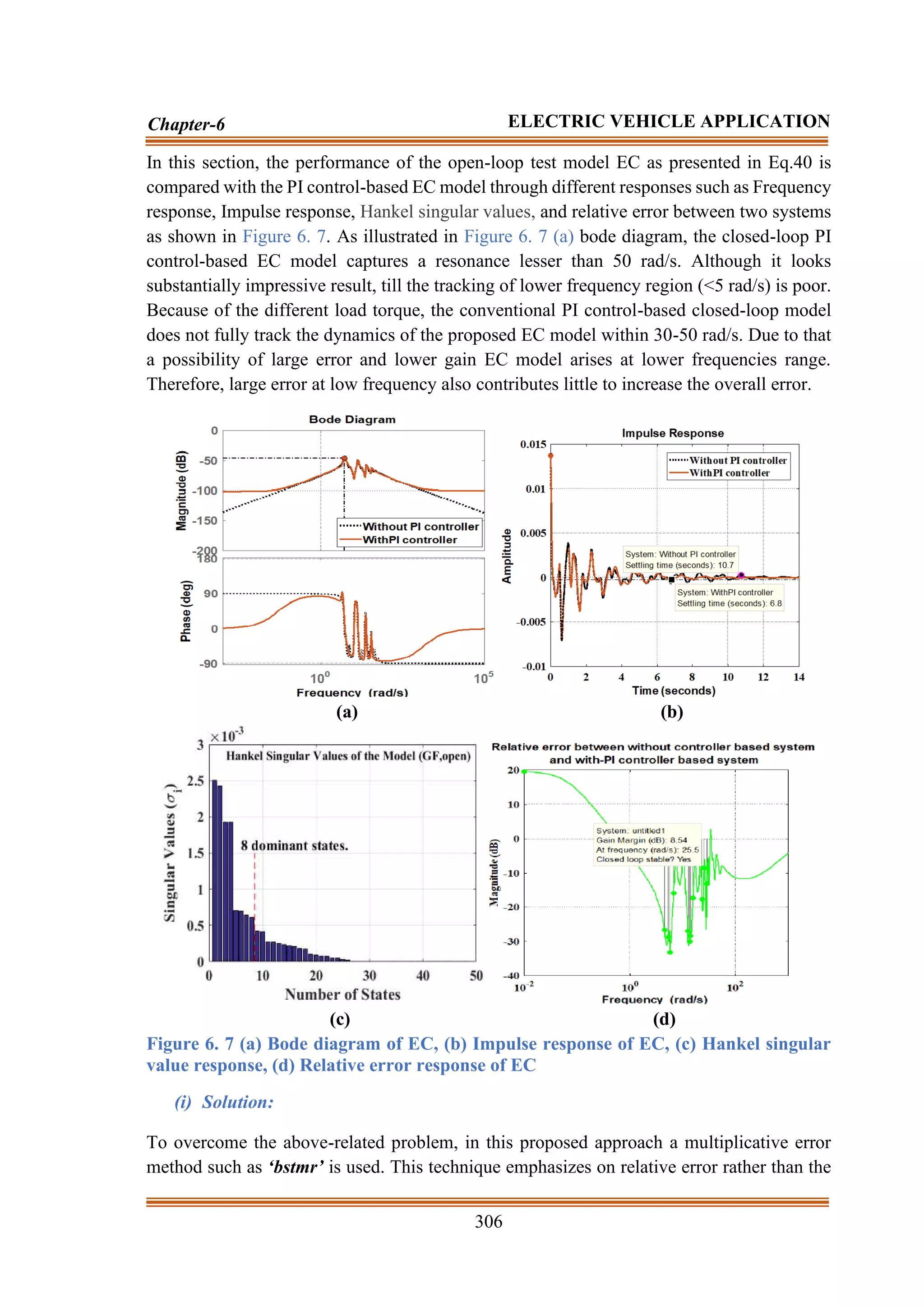 306
Chapter-6 ELECTRIC VEHICLE APPLICATION
In this section, the performance of the open-loop test model EC as presented in Eq.40 is
compared with the PI control-based EC model through different responses such as Frequency
response, Impulse response, Hankel singular values, and relative error between two systems
as shown in Figure 6. 7. As illustrated in Figure 6. 7 (a) bode diagram, the closed-loop PI
control-based EC model captures a resonance lesser than 50 rad/s. Although it looks
substantially impressive result, till the tracking of lower frequency region (<5 rad/s) is poor.
Because of the different load torque, the conventional PI control-based closed-loop model
does not fully track the dynamics of the proposed EC model within 30-50 rad/s. Due to that
a possibility of large error and lower gain EC model arises at lower frequencies range.
Therefore, large error at low frequency also contributes little to increase the overall error.
(a) (b)
(c) (d)
Figure 6. 7 (a) Bode diagram of EC, (b) Impulse response of EC, (c) Hankel singular
value response, (d) Relative error response of EC
(i) Solution:
To overcome the above-related problem, in this proposed approach a multiplicative error
method such as ‘bstmr’ is used. This technique emphasizes on relative error rather than the
 
