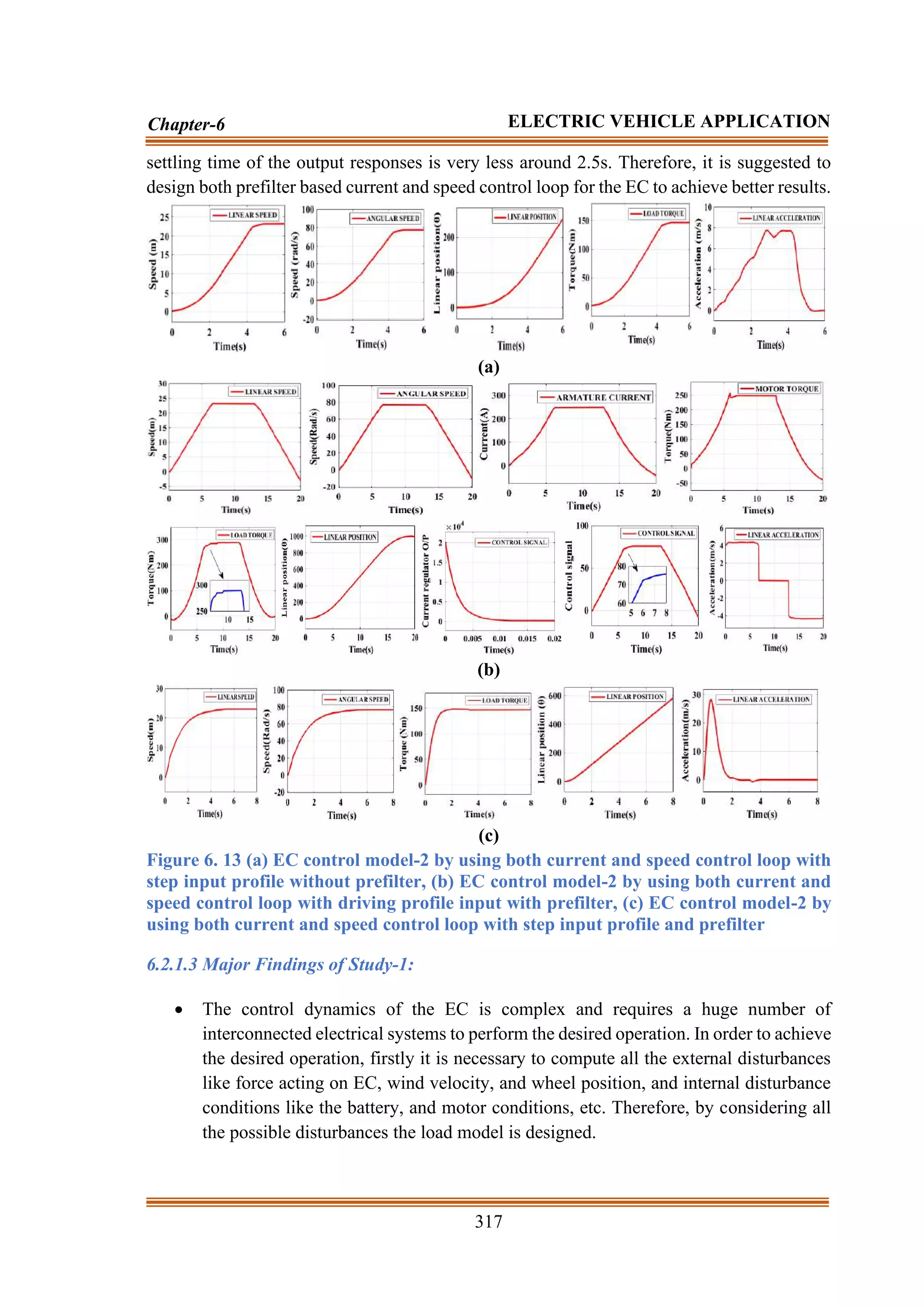 317
Chapter-6 ELECTRIC VEHICLE APPLICATION
settling time of the output responses is very less around 2.5s. Therefore, it is suggested to
design both prefilter based current and speed control loop for the EC to achieve better results.
(a)
(b)
(c)
Figure 6. 13 (a) EC control model-2 by using both current and speed control loop with
step input profile without prefilter, (b) EC control model-2 by using both current and
speed control loop with driving profile input with prefilter, (c) EC control model-2 by
using both current and speed control loop with step input profile and prefilter
6.2.1.3 Major Findings of Study-1:
• The control dynamics of the EC is complex and requires a huge number of
interconnected electrical systems to perform the desired operation. In order to achieve
the desired operation, firstly it is necessary to compute all the external disturbances
like force acting on EC, wind velocity, and wheel position, and internal disturbance
conditions like the battery, and motor conditions, etc. Therefore, by considering all
the possible disturbances the load model is designed.
 
