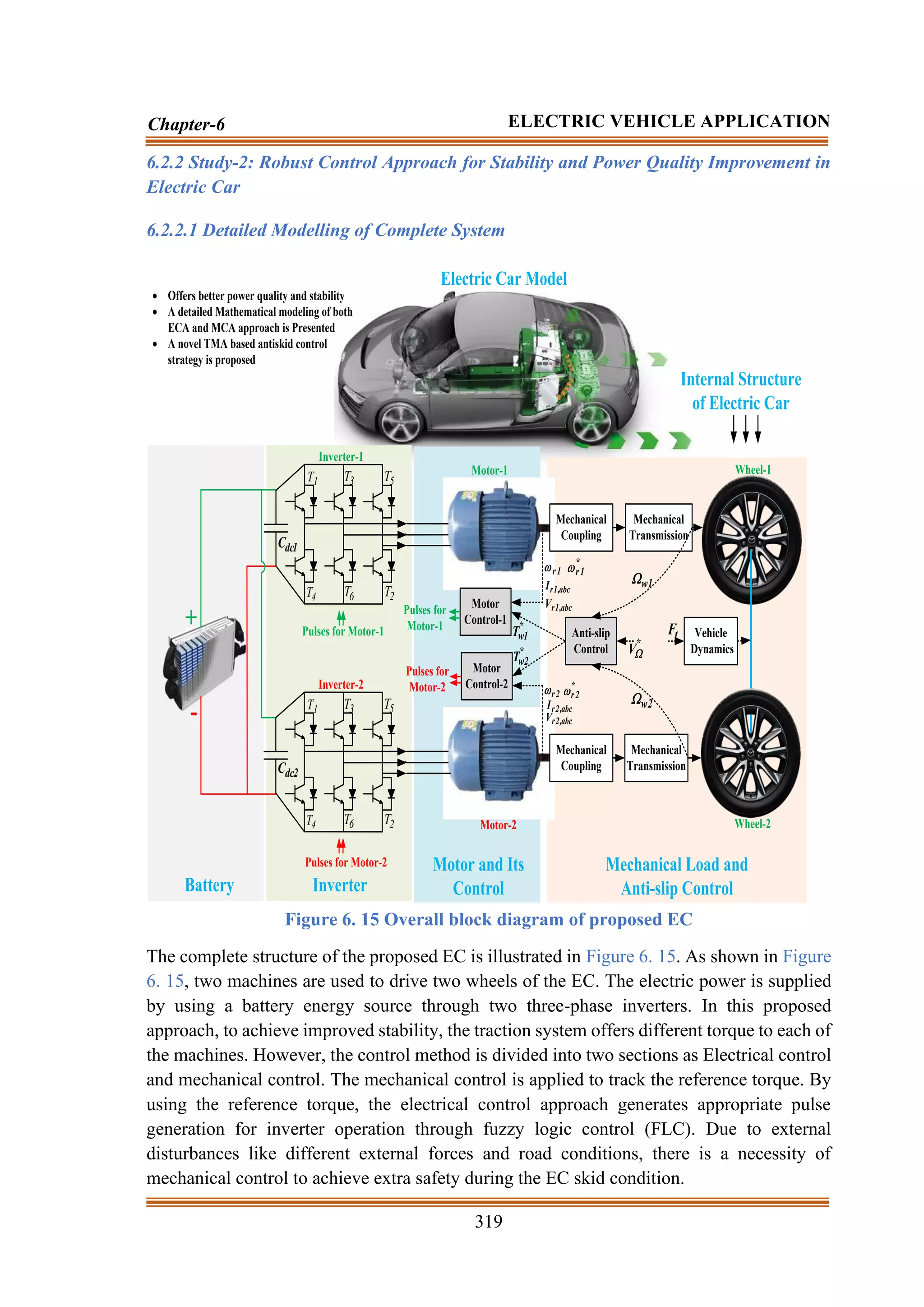 319
Chapter-6 ELECTRIC VEHICLE APPLICATION
6.2.2 Study-2: Robust Control Approach for Stability and Power Quality Improvement in
Electric Car
6.2.2.1 Detailed Modelling of Complete System
1
T 3
T 5
T
2
T
6
T
4
T
Inverter-2
1
dc
C
1
T 3
T 5
T
2
T
6
T
4
T
Inverter-1
Mechanical
Coupling
Mechanical
Coupling
Mechanical
Transmission
Mechanical
Transmission
Vehicle
Dynamics
Anti-slip
Control
Motor
Control-1
Motor
Control-2
Pulses for
Motor-1
Pulses for
Motor-2
Pulses for Motor-2
Pulses for Motor-1
+
-
Battery
t
F
*
V
1
w

2
w

*
1
w
T
*
2
w
T
2
dc
C
1
r

2
r

*
1
r

abc
,
1
r
I
abc
,
1
r
V
*
2
r

abc
,
2
r
I
abc
,
2
r
V
Inverter
Motor and Its
Control
Mechanical Load and
Anti-slip Control
Internal Structure
of Electric Car
Electric Car Model
Motor-1
Motor-2
Wheel-1
Wheel-2
• Offers better power quality and stability
• A detailed Mathematical modeling of both
ECA and MCA approach is Presented
• A novel TMA based antiskid control
strategy is proposed
Figure 6. 15 Overall block diagram of proposed EC
The complete structure of the proposed EC is illustrated in Figure 6. 15. As shown in Figure
6. 15, two machines are used to drive two wheels of the EC. The electric power is supplied
by using a battery energy source through two three-phase inverters. In this proposed
approach, to achieve improved stability, the traction system offers different torque to each of
the machines. However, the control method is divided into two sections as Electrical control
and mechanical control. The mechanical control is applied to track the reference torque. By
using the reference torque, the electrical control approach generates appropriate pulse
generation for inverter operation through fuzzy logic control (FLC). Due to external
disturbances like different external forces and road conditions, there is a necessity of
mechanical control to achieve extra safety during the EC skid condition.
 