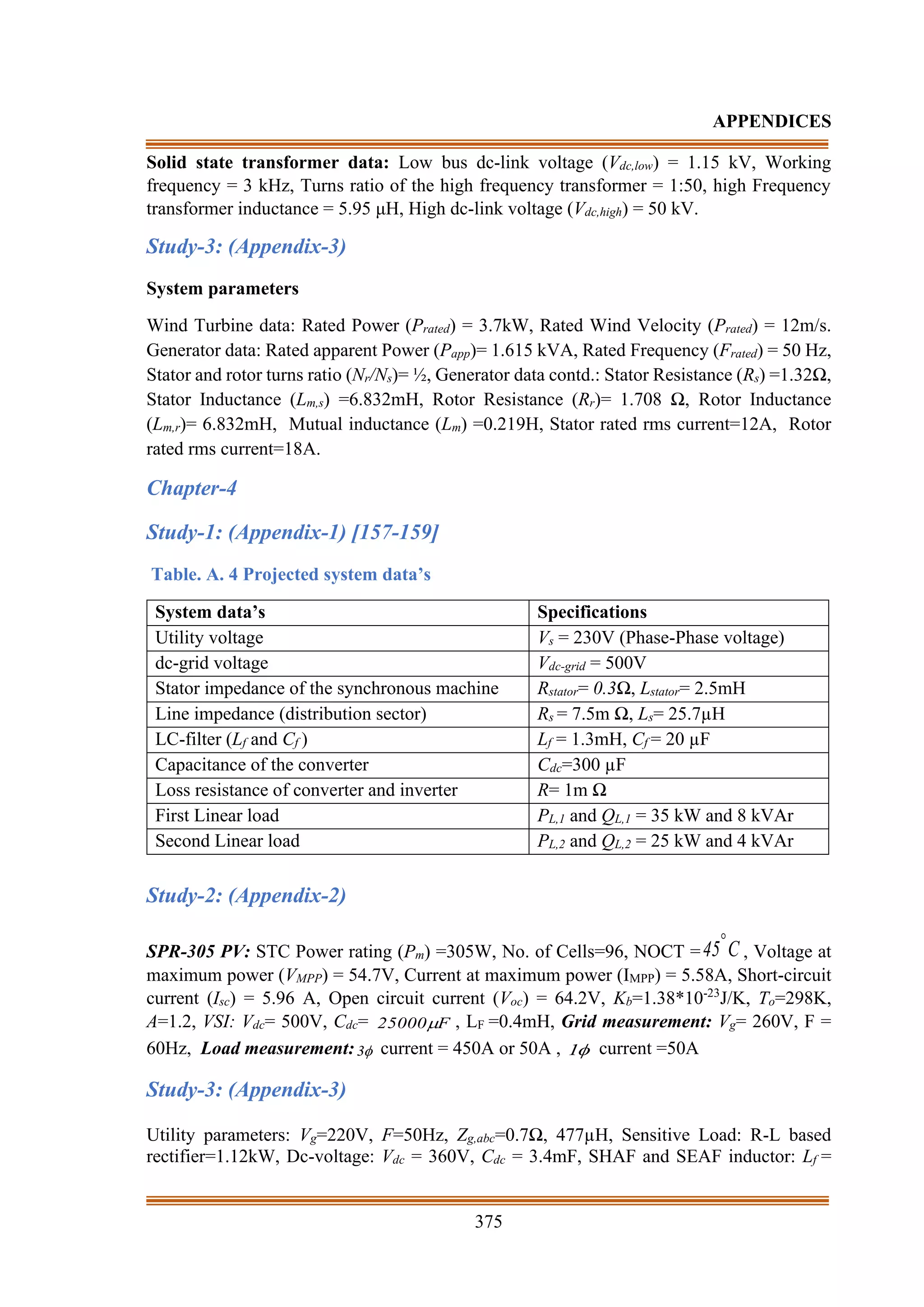375
APPENDICES
Solid state transformer data: Low bus dc-link voltage (Vdc,low) = 1.15 kV, Working
frequency = 3 kHz, Turns ratio of the high frequency transformer = 1:50, high Frequency
transformer inductance = 5.95 μH, High dc-link voltage (Vdc,high) = 50 kV.
Study-3: (Appendix-3)
System parameters
Wind Turbine data: Rated Power (Prated) = 3.7kW, Rated Wind Velocity (Prated) = 12m/s.
Generator data: Rated apparent Power (Papp)= 1.615 kVA, Rated Frequency (Frated) = 50 Hz,
Stator and rotor turns ratio (Nr/Ns)= ½, Generator data contd.: Stator Resistance (Rs) =1.32Ω,
Stator Inductance (Lm,s) =6.832mH, Rotor Resistance (Rr)= 1.708 Ω, Rotor Inductance
(Lm,r)= 6.832mH, Mutual inductance (Lm) =0.219H, Stator rated rms current=12A, Rotor
rated rms current=18A.
Chapter-4
Study-1: (Appendix-1) [157-159]
Table. A. 4 Projected system data’s
System data’s Specifications
Utility voltage Vs = 230V (Phase-Phase voltage)
dc-grid voltage Vdc-grid = 500V
Stator impedance of the synchronous machine Rstator= 0.3Ω, Lstator= 2.5mH
Line impedance (distribution sector) Rs = 7.5m Ω, Ls= 25.7µH
LC-filter (Lf and Cf ) Lf = 1.3mH, Cf = 20 µF
Capacitance of the converter Cdc=300 µF
Loss resistance of converter and inverter R= 1m Ω
First Linear load PL,1 and QL,1 = 35 kW and 8 kVAr
Second Linear load PL,2 and QL,2 = 25 kW and 4 kVAr
Study-2: (Appendix-2)
SPR-305 PV: STC Power rating (Pm) =305W, No. of Cells=96, NOCT = C
45
, Voltage at
maximum power (VMPP) = 54.7V, Current at maximum power (IMPP) = 5.58A, Short-circuit
current (Isc) = 5.96 A, Open circuit current (Voc) = 64.2V, Kb=1.38*10-23
J/K, To=298K,
A=1.2, VSI: Vdc= 500V, Cdc= F
25000 , LF =0.4mH, Grid measurement: Vg= 260V, F =
60Hz, Load measurement: 
3 current = 450A or 50A , 
1 current =50A
Study-3: (Appendix-3)
Utility parameters: Vg=220V, F=50Hz, Zg,abc=0.7Ω, 477µH, Sensitive Load: R-L based
rectifier=1.12kW, Dc-voltage: Vdc = 360V, Cdc = 3.4mF, SHAF and SEAF inductor: Lf =
 