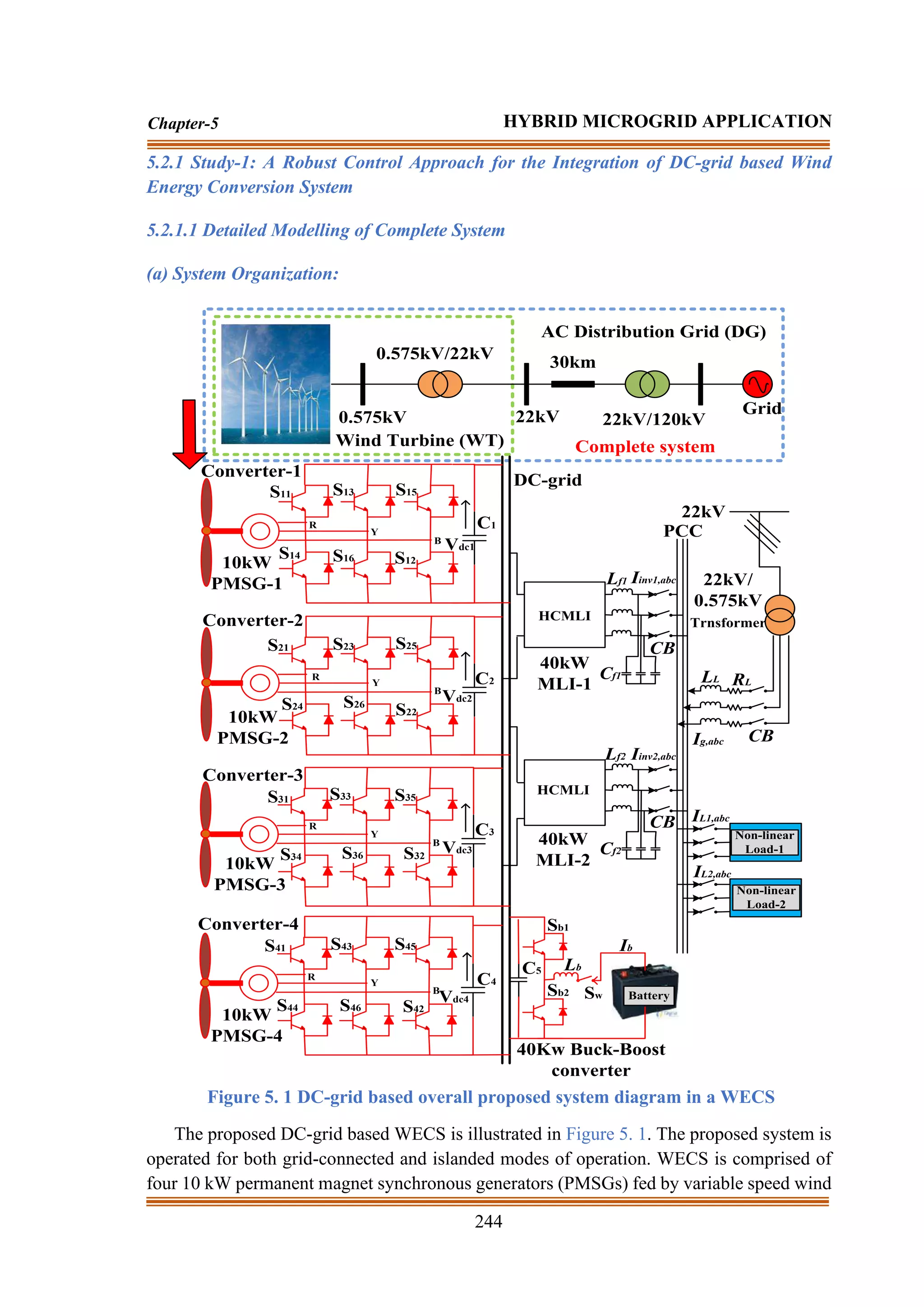 244
Chapter-5 HYBRID MICROGRID APPLICATION
5.2.1 Study-1: A Robust Control Approach for the Integration of DC-grid based Wind
Energy Conversion System
5.2.1.1 Detailed Modelling of Complete System
(a) System Organization:
0.575kV
0.575kV/22kV
22kV/120kV
22kV
30km
Wind Turbine (WT)
AC Distribution Grid (DG)
Grid
Converter-1
10kW
PMSG-1
10kW
PMSG-2
10kW
PMSG-3
10kW
PMSG-4
Battery
HCMLI
HCMLI
Non-linear
Load-2
40kW
MLI-1
40kW
MLI-2
40Kw Buck-Boost
converter
22kV
22kV/
0.575kV
Trnsformer
R
R
R
R
Y
Y
Y
Y
B
B
B
B
S11 S15
S13
S14 S16 S12
S21 S23 S25
S24 S26
S22
S31 S33 S35
S34 S36 S32
S41 S43 S45
S44 S46 S42
Sb1
Sb2
C1
C2
C3
C4
Vdc1
Vdc2
Vdc3
Vdc4
Lf1
Lf2
Cf1
Cf2
DC-grid
C5
CB
CB
Sw
Lb
Ig,abc
IL1,abc
IL2,abc
Iinv1,abc
Iinv2,abc
PCC
Ib
LL RL
CB
Converter-2
Converter-3
Converter-4
Non-linear
Load-1
Complete system
Figure 5. 1 DC-grid based overall proposed system diagram in a WECS
The proposed DC-grid based WECS is illustrated in Figure 5. 1. The proposed system is
operated for both grid-connected and islanded modes of operation. WECS is comprised of
four 10 kW permanent magnet synchronous generators (PMSGs) fed by variable speed wind
 