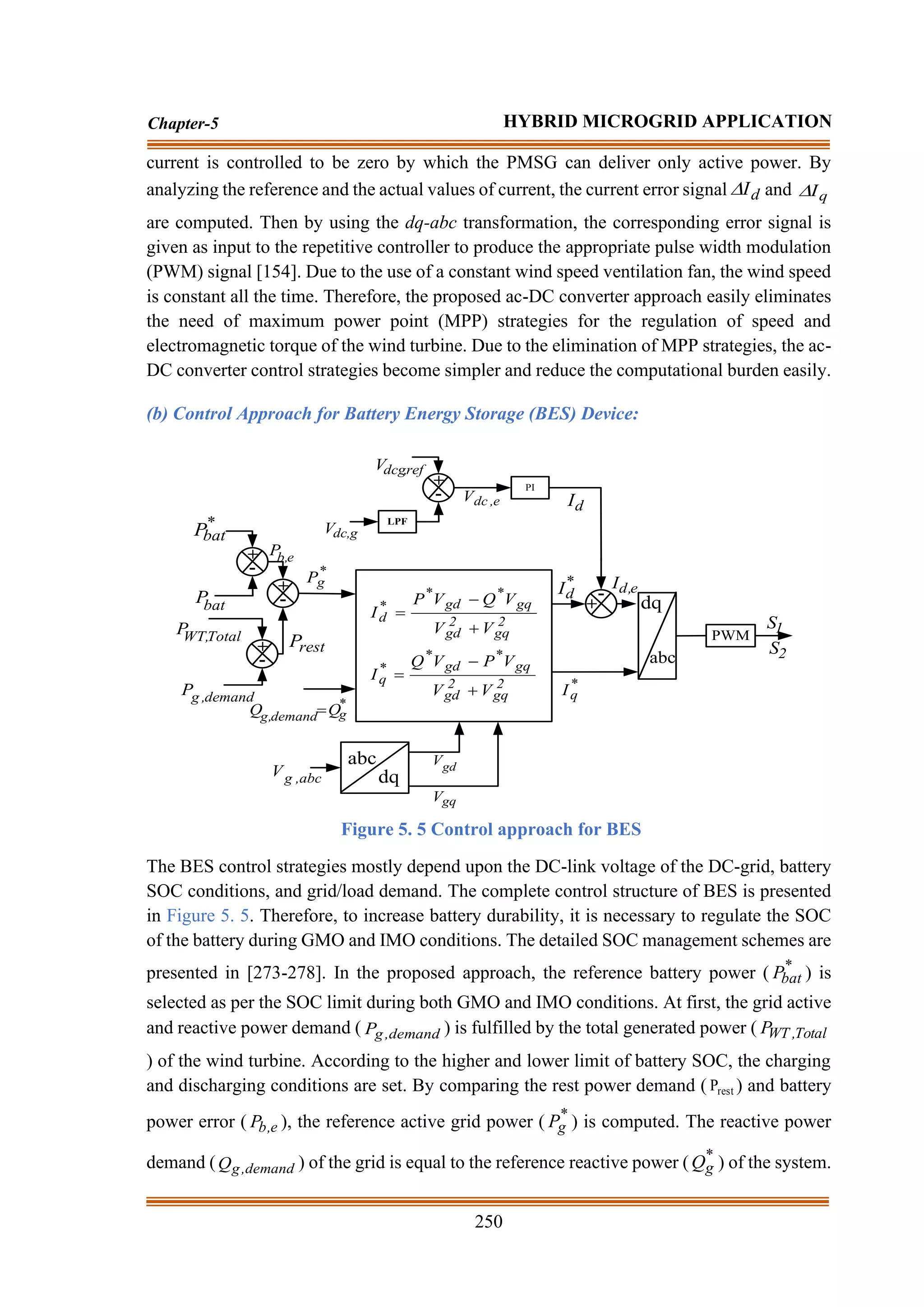 250
Chapter-5 HYBRID MICROGRID APPLICATION
current is controlled to be zero by which the PMSG can deliver only active power. By
analyzing the reference and the actual values of current, the current error signal d
I
 and q
I

are computed. Then by using the dq-abc transformation, the corresponding error signal is
given as input to the repetitive controller to produce the appropriate pulse width modulation
(PWM) signal [154]. Due to the use of a constant wind speed ventilation fan, the wind speed
is constant all the time. Therefore, the proposed ac-DC converter approach easily eliminates
the need of maximum power point (MPP) strategies for the regulation of speed and
electromagnetic torque of the wind turbine. Due to the elimination of MPP strategies, the ac-
DC converter control strategies become simpler and reduce the computational burden easily.
(b) Control Approach for Battery Energy Storage (BES) Device:
*
bat
P
bat
P
+
-
+
-
demand
,
g
P
*
g
P
*
g
demand
,
g Q
Q =
2
gq
2
gd
gq
*
gd
*
*
q
2
gq
2
gd
gq
*
gd
*
*
d
V
V
V
P
V
Q
I
V
V
V
Q
V
P
I
+
−
=
+
−
=
*
d
I
*
q
I
+
-
abc
,
g
V
abc
dq
gd
V
gq
V
Total
,
WT
P
+
-
ref
,
dcg
V
+
-
LPF
g
,
dc
V
PI
abc
dq
PWM
1
S
2
S
e
,
dc
V
d
I
e
,
d
I
rest
P
e
,
b
P
Figure 5. 5 Control approach for BES
The BES control strategies mostly depend upon the DC-link voltage of the DC-grid, battery
SOC conditions, and grid/load demand. The complete control structure of BES is presented
in Figure 5. 5. Therefore, to increase battery durability, it is necessary to regulate the SOC
of the battery during GMO and IMO conditions. The detailed SOC management schemes are
presented in [273-278]. In the proposed approach, the reference battery power ( *
bat
P ) is
selected as per the SOC limit during both GMO and IMO conditions. At first, the grid active
and reactive power demand ( demand
,
g
P ) is fulfilled by the total generated power ( Total
,
WT
P
) of the wind turbine. According to the higher and lower limit of battery SOC, the charging
and discharging conditions are set. By comparing the rest power demand ( rest
P ) and battery
power error ( e
,
b
P ), the reference active grid power ( *
g
P ) is computed. The reactive power
demand ( demand
,
g
Q ) of the grid is equal to the reference reactive power ( *
g
Q ) of the system.
 