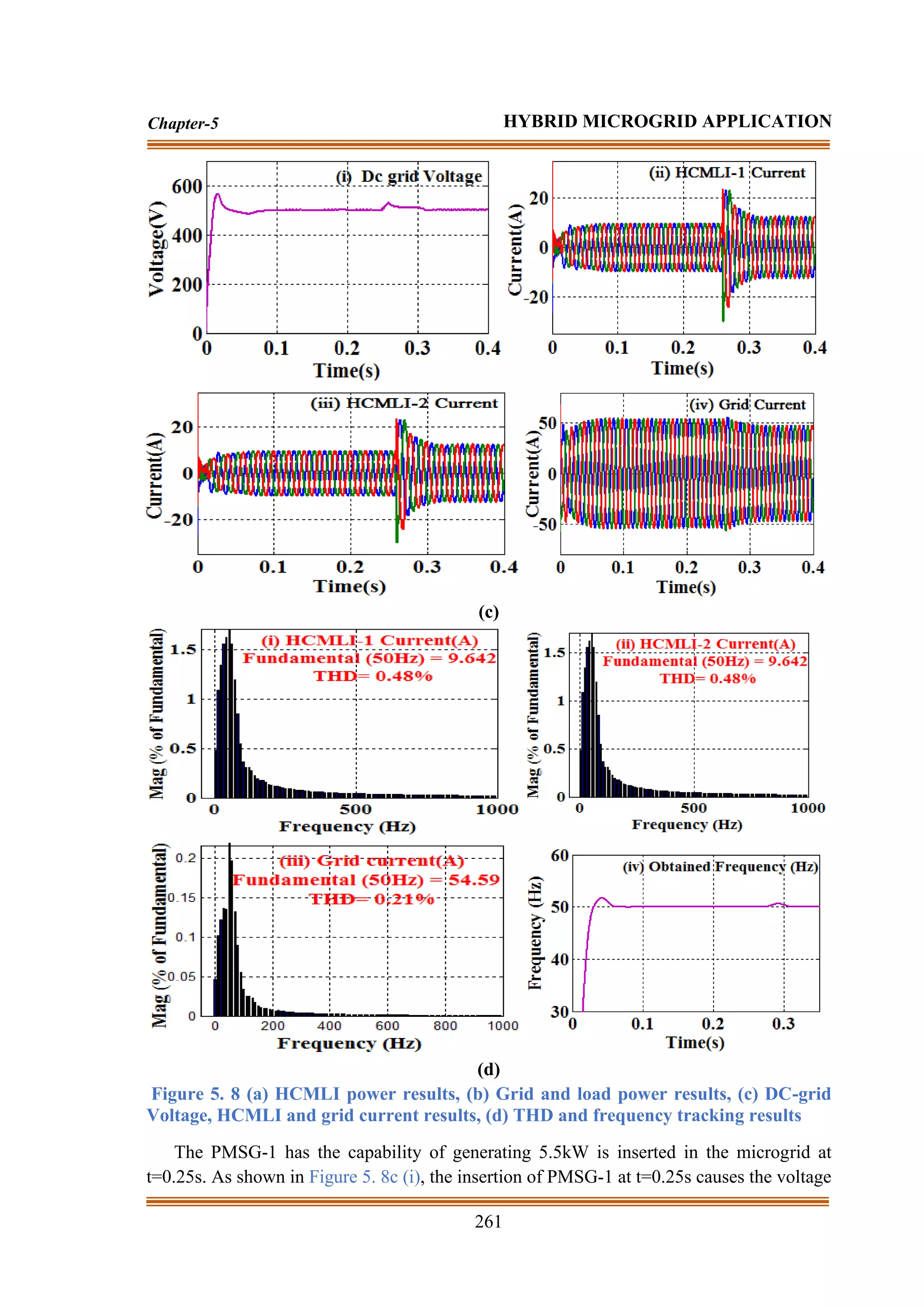 261
Chapter-5 HYBRID MICROGRID APPLICATION
(c)
(d)
Figure 5. 8 (a) HCMLI power results, (b) Grid and load power results, (c) DC-grid
Voltage, HCMLI and grid current results, (d) THD and frequency tracking results
The PMSG-1 has the capability of generating 5.5kW is inserted in the microgrid at
t=0.25s. As shown in Figure 5. 8c (i), the insertion of PMSG-1 at t=0.25s causes the voltage
 
