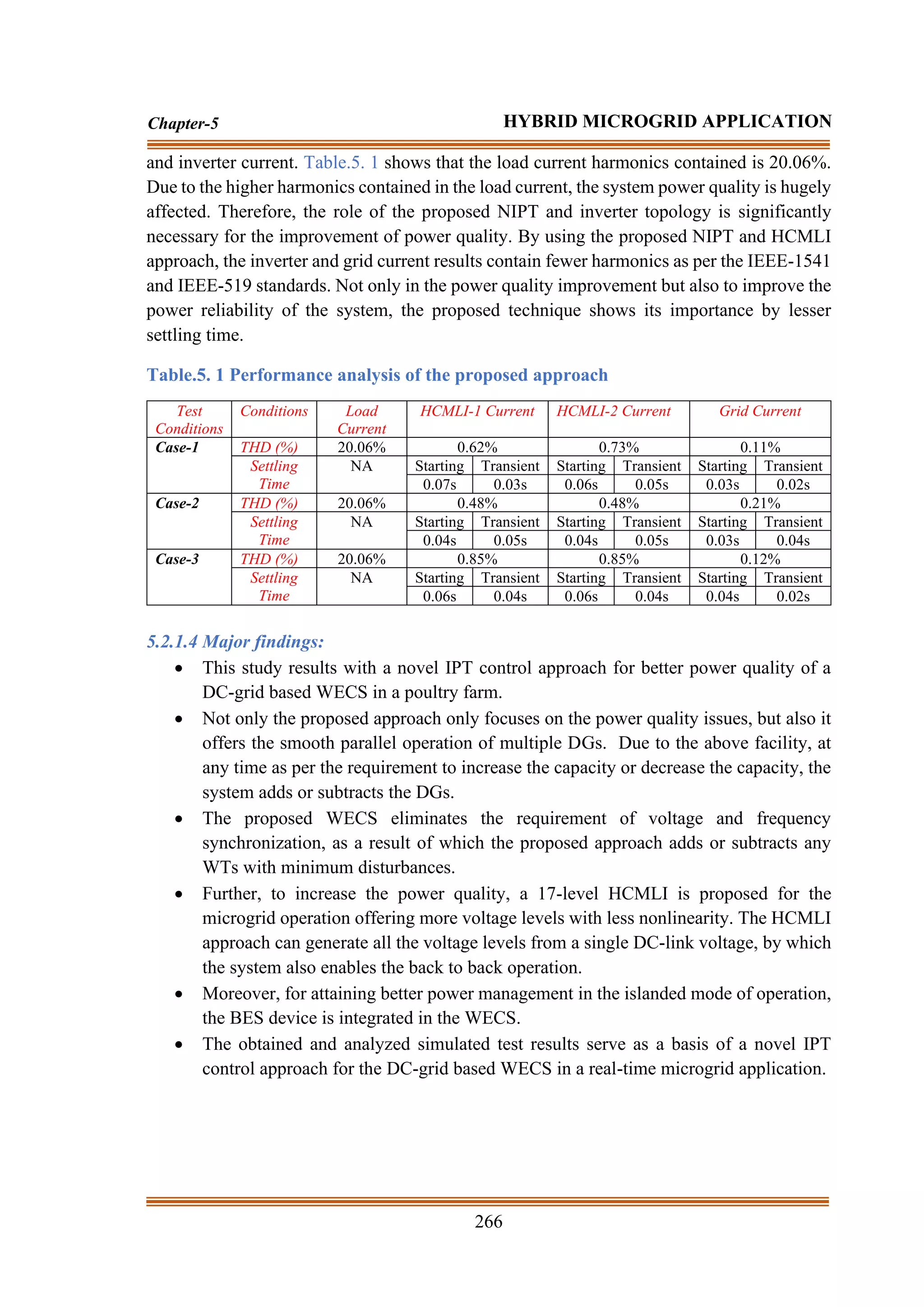 266
Chapter-5 HYBRID MICROGRID APPLICATION
and inverter current. Table.5. 1 shows that the load current harmonics contained is 20.06%.
Due to the higher harmonics contained in the load current, the system power quality is hugely
affected. Therefore, the role of the proposed NIPT and inverter topology is significantly
necessary for the improvement of power quality. By using the proposed NIPT and HCMLI
approach, the inverter and grid current results contain fewer harmonics as per the IEEE-1541
and IEEE-519 standards. Not only in the power quality improvement but also to improve the
power reliability of the system, the proposed technique shows its importance by lesser
settling time.
Table.5. 1 Performance analysis of the proposed approach
Test
Conditions
Conditions Load
Current
HCMLI-1 Current HCMLI-2 Current Grid Current
Case-1 THD (%) 20.06% 0.62% 0.73% 0.11%
Settling
Time
NA Starting Transient Starting Transient Starting Transient
0.07s 0.03s 0.06s 0.05s 0.03s 0.02s
Case-2 THD (%) 20.06% 0.48% 0.48% 0.21%
Settling
Time
NA Starting Transient Starting Transient Starting Transient
0.04s 0.05s 0.04s 0.05s 0.03s 0.04s
Case-3 THD (%) 20.06% 0.85% 0.85% 0.12%
Settling
Time
NA Starting Transient Starting Transient Starting Transient
0.06s 0.04s 0.06s 0.04s 0.04s 0.02s
5.2.1.4 Major findings:
• This study results with a novel IPT control approach for better power quality of a
DC-grid based WECS in a poultry farm.
• Not only the proposed approach only focuses on the power quality issues, but also it
offers the smooth parallel operation of multiple DGs. Due to the above facility, at
any time as per the requirement to increase the capacity or decrease the capacity, the
system adds or subtracts the DGs.
• The proposed WECS eliminates the requirement of voltage and frequency
synchronization, as a result of which the proposed approach adds or subtracts any
WTs with minimum disturbances.
• Further, to increase the power quality, a 17-level HCMLI is proposed for the
microgrid operation offering more voltage levels with less nonlinearity. The HCMLI
approach can generate all the voltage levels from a single DC-link voltage, by which
the system also enables the back to back operation.
• Moreover, for attaining better power management in the islanded mode of operation,
the BES device is integrated in the WECS.
• The obtained and analyzed simulated test results serve as a basis of a novel IPT
control approach for the DC-grid based WECS in a real-time microgrid application.
 