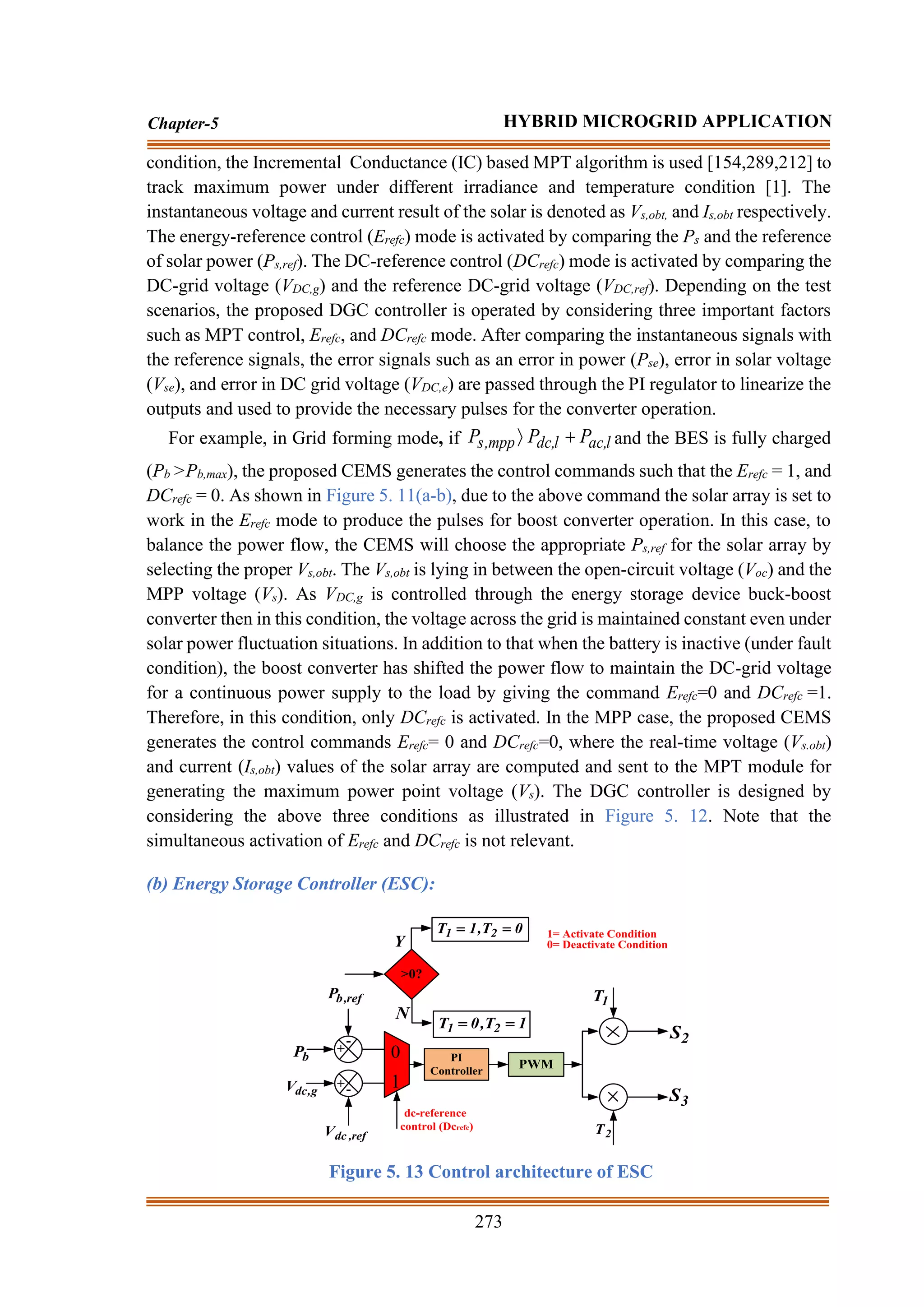 273
Chapter-5 HYBRID MICROGRID APPLICATION
condition, the Incremental Conductance (IC) based MPT algorithm is used [154,289,212] to
track maximum power under different irradiance and temperature condition [1]. The
instantaneous voltage and current result of the solar is denoted as Vs,obt, and Is,obt respectively.
The energy-reference control (Erefc) mode is activated by comparing the Ps and the reference
of solar power (Ps,ref). The DC-reference control (DCrefc) mode is activated by comparing the
DC-grid voltage (VDC,g) and the reference DC-grid voltage (VDC,ref). Depending on the test
scenarios, the proposed DGC controller is operated by considering three important factors
such as MPT control, Erefc, and DCrefc mode. After comparing the instantaneous signals with
the reference signals, the error signals such as an error in power (Pse), error in solar voltage
(Vse), and error in DC grid voltage (VDC,e) are passed through the PI regulator to linearize the
outputs and used to provide the necessary pulses for the converter operation.
For example, in Grid forming mode, if l
ac,
l
dc,
mpp
,
s P
P
P +
 and the BES is fully charged
(Pb >Pb,max), the proposed CEMS generates the control commands such that the Erefc = 1, and
DCrefc = 0. As shown in Figure 5. 11(a-b), due to the above command the solar array is set to
work in the Erefc mode to produce the pulses for boost converter operation. In this case, to
balance the power flow, the CEMS will choose the appropriate Ps,ref for the solar array by
selecting the proper Vs,obt. The Vs,obt is lying in between the open-circuit voltage (Voc) and the
MPP voltage (Vs). As VDC,g is controlled through the energy storage device buck-boost
converter then in this condition, the voltage across the grid is maintained constant even under
solar power fluctuation situations. In addition to that when the battery is inactive (under fault
condition), the boost converter has shifted the power flow to maintain the DC-grid voltage
for a continuous power supply to the load by giving the command Erefc=0 and DCrefc =1.
Therefore, in this condition, only DCrefc is activated. In the MPP case, the proposed CEMS
generates the control commands Erefc= 0 and DCrefc=0, where the real-time voltage (Vs.obt)
and current (Is,obt) values of the solar array are computed and sent to the MPT module for
generating the maximum power point voltage (Vs). The DGC controller is designed by
considering the above three conditions as illustrated in Figure 5. 12. Note that the
simultaneous activation of Erefc and DCrefc is not relevant.
(b) Energy Storage Controller (ESC):
>0?
ref
,
b
P
Y
N
0
T
,
1
T 2
1 =
=
1
T
,
0
T 2
1 =
=
+
-
+-
b
P 0
1
PI
Controller
PWM
g
,
dc
V
ref
,
dc
V
1
T
2
T
2
S
3
S
dc-reference
control (Dcrefc)
1= Activate Condition
0= Deactivate Condition
Figure 5. 13 Control architecture of ESC
 