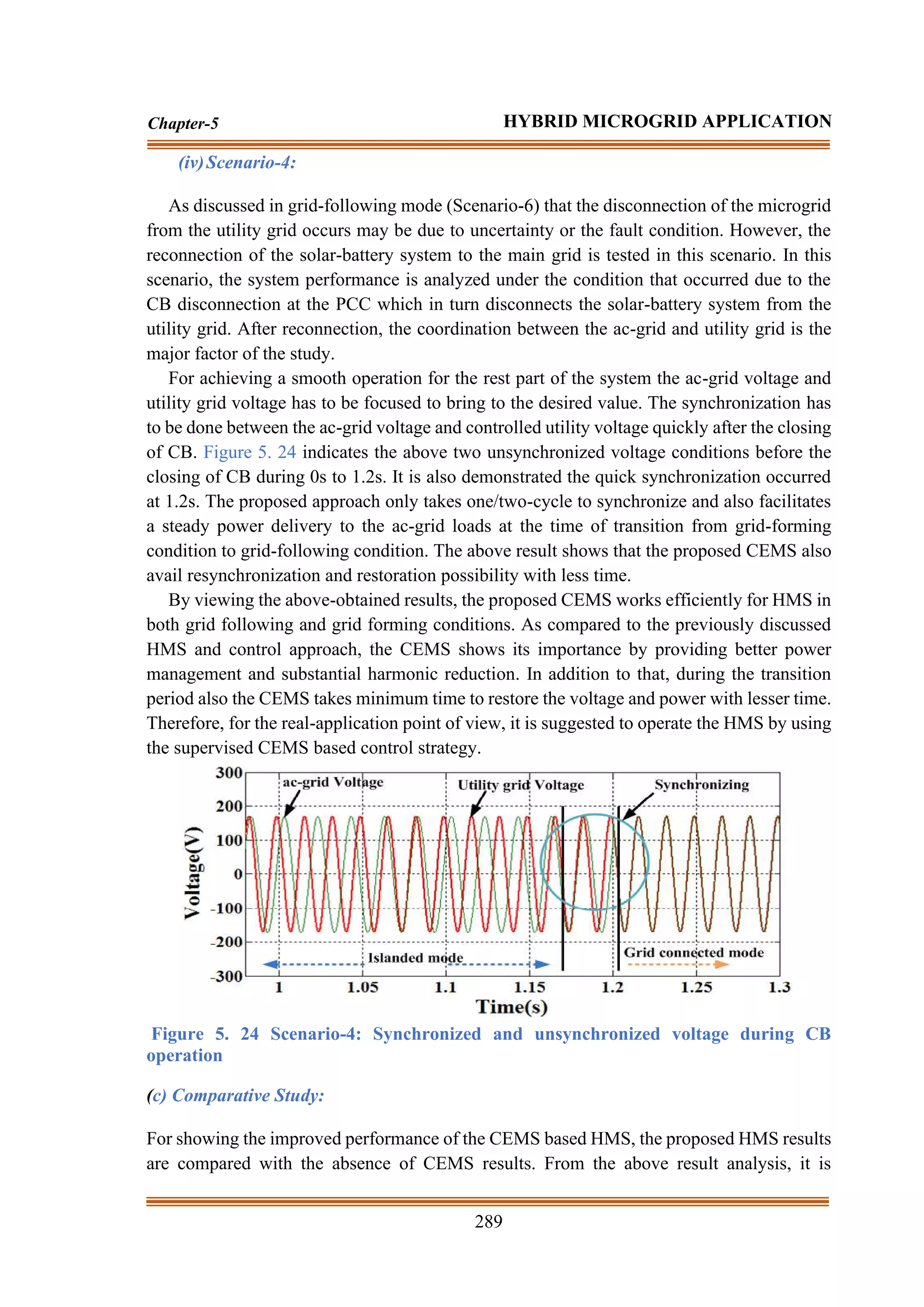 289
Chapter-5 HYBRID MICROGRID APPLICATION
(iv)Scenario-4:
As discussed in grid-following mode (Scenario-6) that the disconnection of the microgrid
from the utility grid occurs may be due to uncertainty or the fault condition. However, the
reconnection of the solar-battery system to the main grid is tested in this scenario. In this
scenario, the system performance is analyzed under the condition that occurred due to the
CB disconnection at the PCC which in turn disconnects the solar-battery system from the
utility grid. After reconnection, the coordination between the ac-grid and utility grid is the
major factor of the study.
For achieving a smooth operation for the rest part of the system the ac-grid voltage and
utility grid voltage has to be focused to bring to the desired value. The synchronization has
to be done between the ac-grid voltage and controlled utility voltage quickly after the closing
of CB. Figure 5. 24 indicates the above two unsynchronized voltage conditions before the
closing of CB during 0s to 1.2s. It is also demonstrated the quick synchronization occurred
at 1.2s. The proposed approach only takes one/two-cycle to synchronize and also facilitates
a steady power delivery to the ac-grid loads at the time of transition from grid-forming
condition to grid-following condition. The above result shows that the proposed CEMS also
avail resynchronization and restoration possibility with less time.
By viewing the above-obtained results, the proposed CEMS works efficiently for HMS in
both grid following and grid forming conditions. As compared to the previously discussed
HMS and control approach, the CEMS shows its importance by providing better power
management and substantial harmonic reduction. In addition to that, during the transition
period also the CEMS takes minimum time to restore the voltage and power with lesser time.
Therefore, for the real-application point of view, it is suggested to operate the HMS by using
the supervised CEMS based control strategy.
Figure 5. 24 Scenario-4: Synchronized and unsynchronized voltage during CB
operation
(c) Comparative Study:
For showing the improved performance of the CEMS based HMS, the proposed HMS results
are compared with the absence of CEMS results. From the above result analysis, it is
 