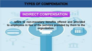 refers to non-monetary benefits offered and provided
to employees in lieu of the services provided by them to the
organization.
INDIRECT COMPENSATION
 