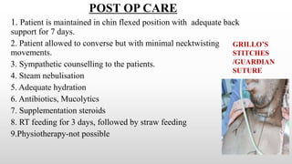 POST OP CARE
1. Patient is maintained in chin flexed position with adequate back
support for 7 days.
2. Patient allowed to converse but with minimal necktwisting
movements.
3. Sympathetic counselling to the patients.
4. Steam nebulisation
5. Adequate hydration
6. Antibiotics, Mucolytics
7. Supplementation steroids
8. RT feeding for 3 days, followed by straw feeding
9.Physiotherapy-not possible
GRILLO’S
STITCHES
/GUARDIAN
SUTURE
 