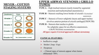 MEYER – COTTON
STAGING SYSTEMS
UPPER AIRWAY STENOSIS ( GRILLO
TYPES)
TYPE A – High tracheal stenosis (easily treated by segmental
resection and tracheotracheal anastomosis.)
TYPE B – Stenosis reaching lower border of cricoid- Cricotracheal
anastomosis
TYPE C – Stenosis of lower subglottic larynx and upper trachea
-involves anterior portion of cricoid cartilage(LTR/PCTR)
TYPE D – Stenosis that reaches to glottis
No subglottic space for an effective anastomosis.
- LTR/PCTR/Glottic reconstruction
All types require Cervical approach without sternotomy
CLINICAL FEATURES :
 Ineffective cough
 Stridor ( Insp / Exp)
 Dyspnoea
 - Clinical signs of stenosis appear when lumen
obliterated >50%
 