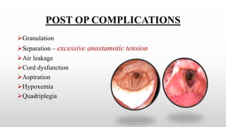 POST OP COMPLICATIONS
Granulation
Separation – excessive anastamotic tension
Air leakage
Cord dysfunction
Aspiration
Hypoxemia
Quadriplegia
 
