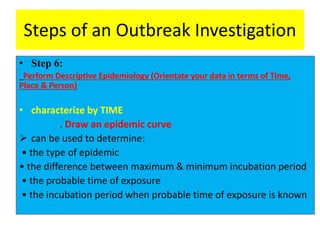 Steps of an Outbreak Investigation
• Step 6:
Perform Descriptive Epidemiology (Orientate your data in terms of Time,
Place & Person)
• characterize by TIME
. Draw an epidemic curve
 can be used to determine:
• the type of epidemic
• the difference between maximum & minimum incubation period
• the probable time of exposure
• the incubation period when probable time of exposure is known
 