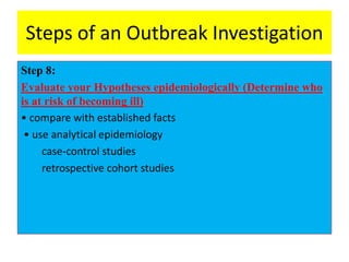 Steps of an Outbreak Investigation
Step 8:
Evaluate your Hypotheses epidemiologically (Determine who
is at risk of becoming ill)
• compare with established facts
• use analytical epidemiology
case-control studies
retrospective cohort studies
 