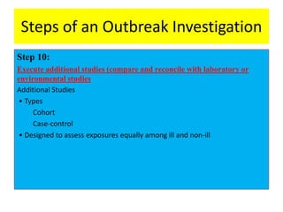 Steps of an Outbreak Investigation
Step 10:
Execute additional studies (compare and reconcile with laboratory or
environmental studies
Additional Studies
• Types
Cohort
Case-control
• Designed to assess exposures equally among ill and non-ill
 
