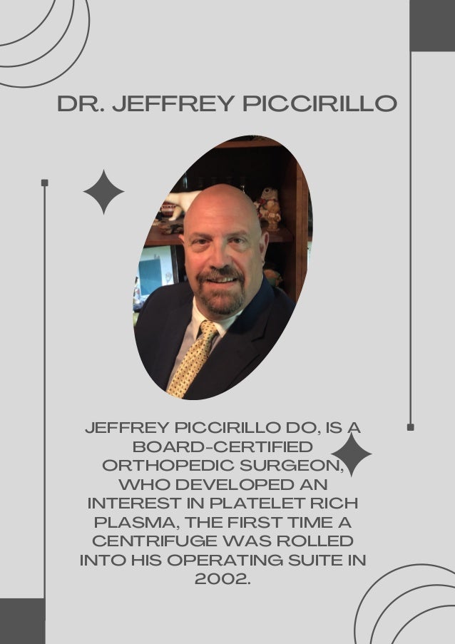 JEFFREY PICCIRILLO DO, IS A
BOARD-CERTIFIED
ORTHOPEDIC SURGEON,
WHO DEVELOPED AN
INTEREST IN PLATELET RICH
PLASMA, THE FIRST TIME A
CENTRIFUGE WAS ROLLED
INTO HIS OPERATING SUITE IN
2002.
DR. JEFFREY PICCIRILLO
 