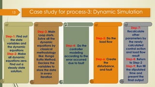 Case study for process-3: Dynamic Simulation
13
Step-1: Find out
the state
variables and
the dynamic
equations
Step-2: Make
all dynamic
equations zero.
Find out a
steady state
solution.
Step-3: Main
Loop starts.
Solve all the
dynamic
equations by
classical
methodology
like: Runga
Kutta Method.
Declare the
variables to
store the data
in every
iteration
Step-4: Do the
controller
modeling
according to the
error occurred
due to fault
Step-5: Do the
load flow
Step-6: Create
the
disturbance,
and fault
Step-7:
Recalculate
other
parameters by
the newly
calculated
control action
and load flow
result
Step-8: Return
to Step-2
Step-9: Run till
the stipulated
time and
present the
final output
 