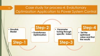 Case study for process-4: Evolutionary
Optimization Application to Power System Control
15
• Simulink
Model
Step-1
• Evolutionary
Optimization
Step-2: • Parameter
tuning through
specific index
Step-3
• Set the
optimized
value and find
the results
Step-4
 