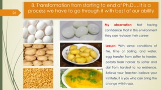 8. Transformation from starting to end of Ph.D….It is a
process we have to go through it with best of our ability
26
My observation: Not having
confidence that in this environment
they can reshape their career
Lesson: With same conditions of
fire, time of boiling, and water,
egg transfer from softer to harder,
potato from harder to softer and
dal from hardest to no existence.
Believe your Teacher, believe your
Institute, it is you who can bring the
change within you.
 