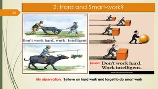 2. Hard and Smart-work?
44
My observation: Believe on hard work and forget to do smart work
Lesson:
 