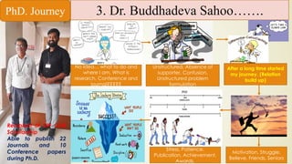3. Dr. Buddhadeva Sahoo…….
No Idea… what to do and
where I am, What is
research, Conference and
journal?????
Unstructured, Absence of
supporter, Confusion,
Unstructured problem
formulation
After a long time started
my journey. (Relation
build up)
Motivation, Struggle,
Believe, Friends, Seniors
Stress, Patience,
Publication, Achievement,
Awards,
PhD. Journey
Recipient of SRF CSIR
Scholarship
Able to publish 22
Journals and 10
Conference papers
during Ph.D.
 