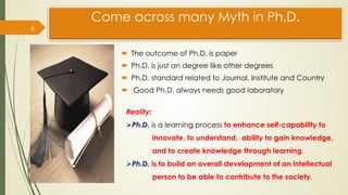 Come across many Myth in Ph.D.
 The outcome of Ph.D. is paper
 Ph.D. is just an degree like other degrees
 Ph.D. standard related to Journal, Institute and Country
 Good Ph.D. always needs good laboratory
6
Reality:
Ph.D. is a learning process to enhance self-capability to
innovate, to understand, ability to gain knowledge,
and to create knowledge through learning.
Ph.D. is to build an overall development of an intellectual
person to be able to contribute to the society.
 