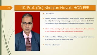10. Prof. (Dr.) Niranjan Nayak: HOD EEE
 Dear Scholars,
 Being or becoming a successful person is not an overnight process. A great career is
the end product of facing continues struggle, rejections, and failures in the PhD life.
Yes, PhD is not only to publish papers or getting a degree only but it is almost a life.
 This is not like other degrees, It requires extreme self-motivation, focus, enthusiasm
& love towards the research work, cool, sacrifice and peacefulness.
 To be successful in a PhD life, you have to use each day as an opportunity to improve,
to be better, to get a little bit closer to your goals.
 Wish You a Best Future
72
 