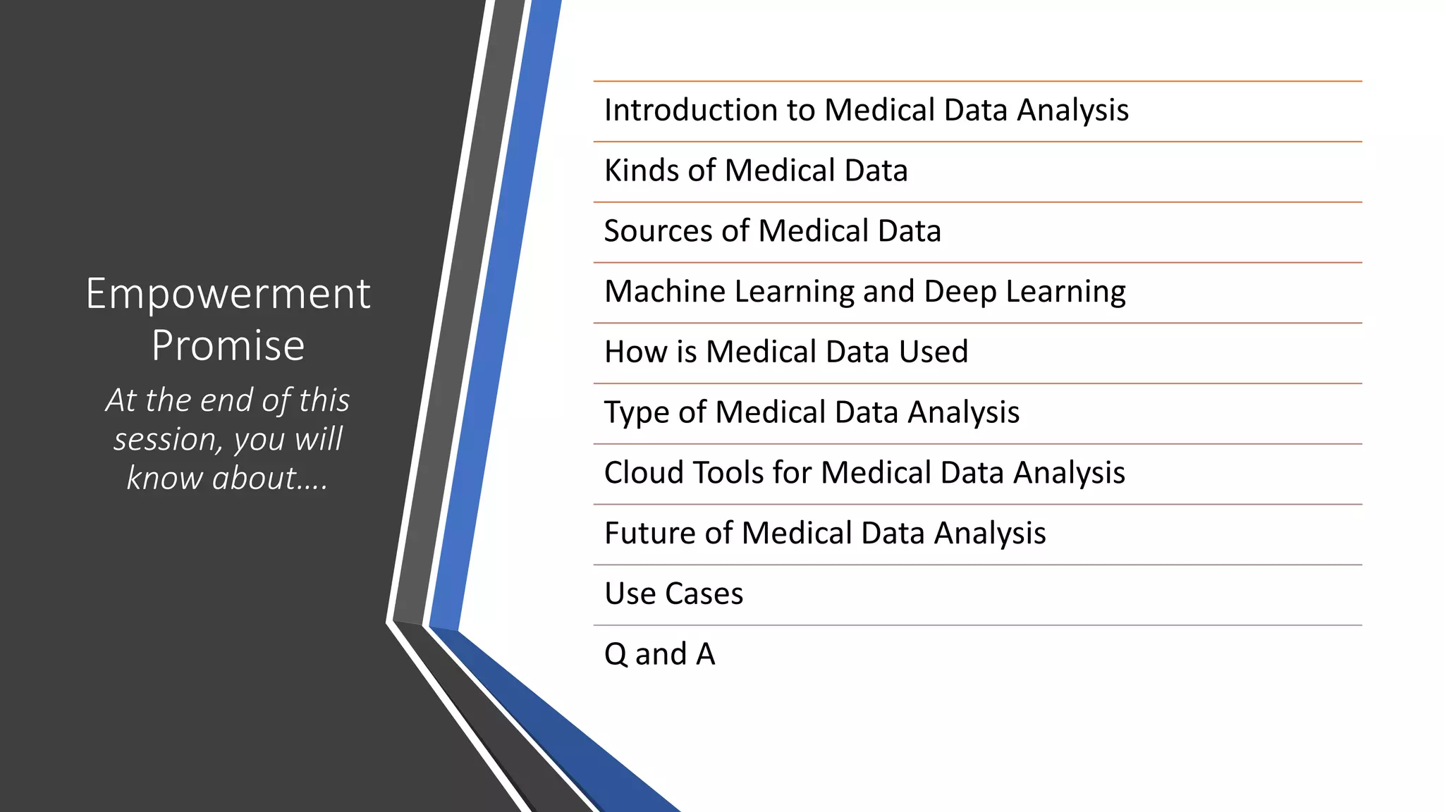 Empowerment
Promise
At the end of this
session, you will
know about….
Introduction to Medical Data Analysis
Kinds of Medical Data
Sources of Medical Data
Machine Learning and Deep Learning
How is Medical Data Used
Type of Medical Data Analysis
Cloud Tools for Medical Data Analysis
Future of Medical Data Analysis
Use Cases
Q and A
 