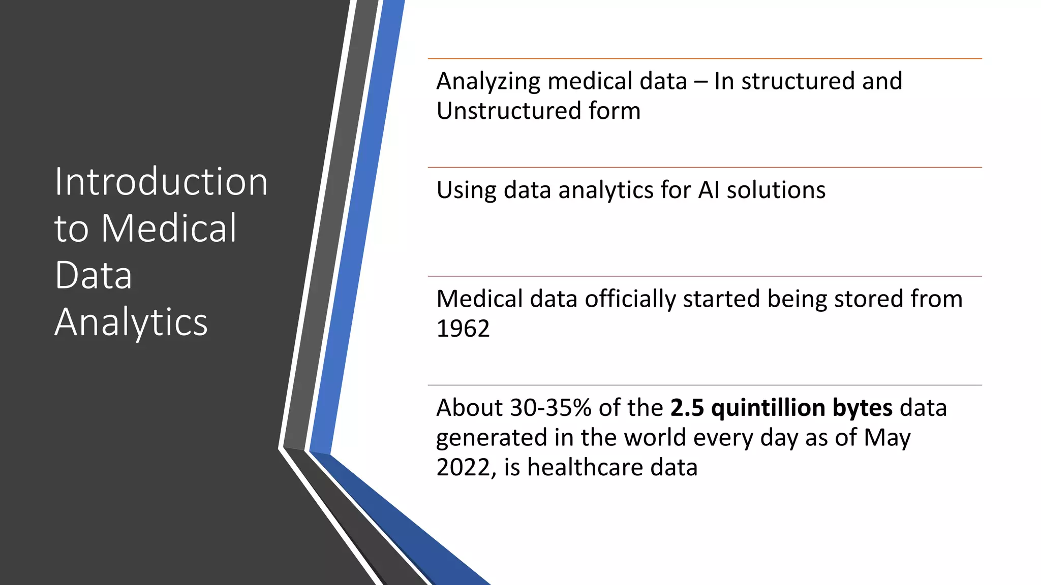 Introduction
to Medical
Data
Analytics
Analyzing medical data – In structured and
Unstructured form
Using data analytics for AI solutions
Medical data officially started being stored from
1962
About 30-35% of the 2.5 quintillion bytes data
generated in the world every day as of May
2022, is healthcare data
 