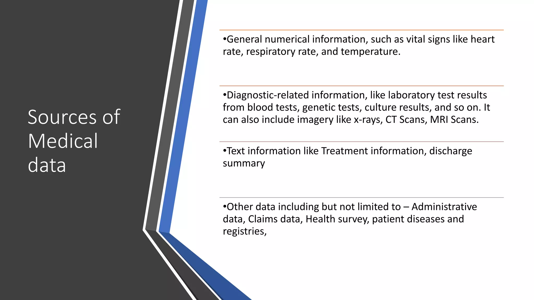 Sources of
Medical
data
•General numerical information, such as vital signs like heart
rate, respiratory rate, and temperature.
•Diagnostic-related information, like laboratory test results
from blood tests, genetic tests, culture results, and so on. It
can also include imagery like x-rays, CT Scans, MRI Scans.
•Text information like Treatment information, discharge
summary
•Other data including but not limited to – Administrative
data, Claims data, Health survey, patient diseases and
registries,
 