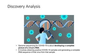 Discovery Analysis
• Genome sequencing for COVID-19 is about developing a complete
picture of a virus's RNA.
• It involves obtaining positive COVID-19 samples and generating a complete
RNA sequence of that virus from that sample.
 