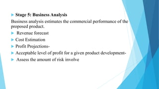  Stage 5: Business Analysis
Business analysis estimates the commercial performance of the
proposed product.
 Revenue forecast
 Cost Estimation
 Profit Projections-
 Acceptable level of profit for a given product development-
 Assess the amount of risk involve
 