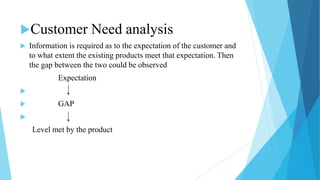 Customer Need analysis
 Information is required as to the expectation of the customer and
to what extent the existing products meet that expectation. Then
the gap between the two could be observed
Expectation

 GAP

Level met by the product
 