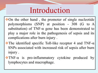 Introduction
On the other hand , the promoter of single nucleotide
polymorphisms (SNP) at position - 308 (G to A
substitution) of TNF-α gene has been demonstrated to
play a major role in the pathogenesis of sepsis and its
complications after burn injury .
The identified specific Toll-like receptor 4 and TNF-α
SNPs associated with increased risk of sepsis after burn
injury .
TNF-α is pro-inflammatory cytokine produced by
lymphocytes and macrophage.
 