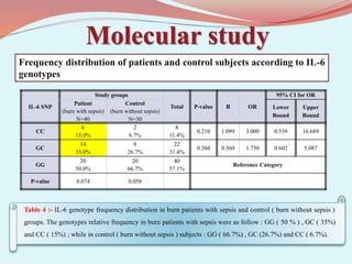 Molecular study
Table 4 :- IL-6 genotype frequency distribution in burn patients with sepsis and control ( burn without sepsis )
groups. The genotypes relative frequency in burn patients with sepsis were as follow : GG ( 50 % ) , GC ( 35%)
and CC ( 15%) ; while in control ( burn without sepsis ) subjects : GG ( 66.7%) , GC (26.7%) and CC ( 6.7%).
Frequency distribution of patients and control subjects according to IL-6
genotypes
IL-6 SNP
Study groups
Total P-value B OR
95% CI for OR
Patient
(burn with sepsis)
N=40
Control
(burn without sepsis)
N=30
Lower
Bound
Upper
Bound
CC
6
15.0%
2
6.7%
8
11.4%
0.210 1.099 3.000 0.539 16.689
GC
14
35.0%
8
26.7%
22
31.4%
0.304 0.560 1.750 0.602 5.087
GG
20
50.0%
20
66.7%
40
57.1%
Reference Category
P-value 0.074 0.058
 