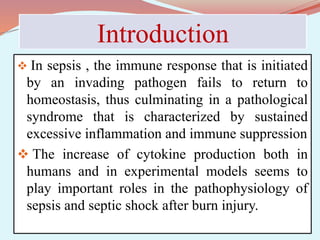 Introduction
 In sepsis , the immune response that is initiated
by an invading pathogen fails to return to
homeostasis, thus culminating in a pathological
syndrome that is characterized by sustained
excessive inflammation and immune suppression
 The increase of cytokine production both in
humans and in experimental models seems to
play important roles in the pathophysiology of
sepsis and septic shock after burn injury.
 