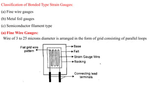 Classification of Bonded Type Strain Gauges:
(a) Fine wire gauges
(b) Metal foil gauges
(c) Semiconductor filament type
(a) Fine Wire Gauges:
Wire of 3 to 25 microns diameter is arranged in the form of grid consisting of parallel loops
 