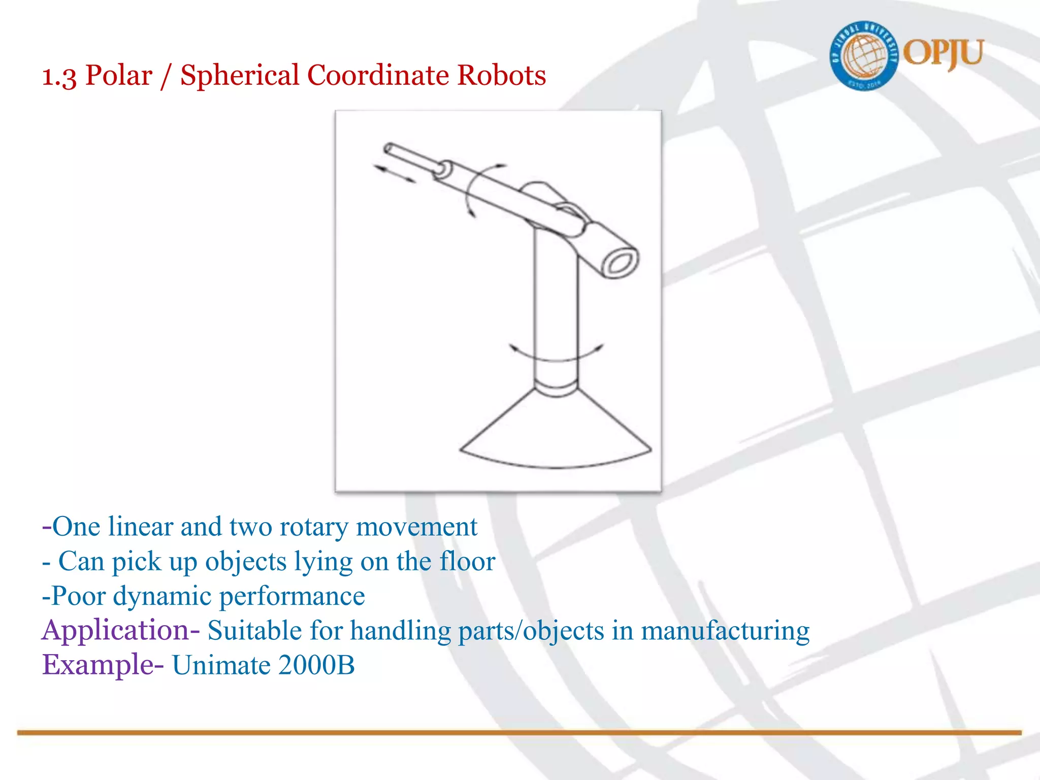 1.3 Polar / Spherical Coordinate Robots
-One linear and two rotary movement
- Can pick up objects lying on the floor
-Poor dynamic performance
Application- Suitable for handling parts/objects in manufacturing
Example- Unimate 2000B
 