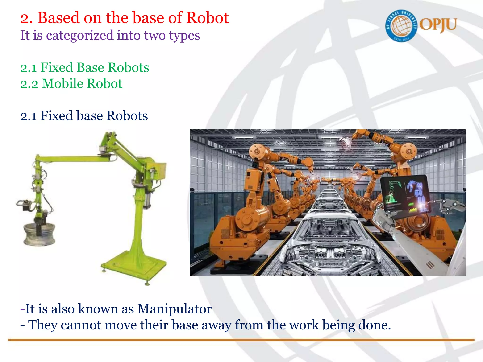2. Based on the base of Robot
It is categorized into two types
2.1 Fixed Base Robots
2.2 Mobile Robot
2.1 Fixed base Robots
-It is also known as Manipulator
- They cannot move their base away from the work being done.
 