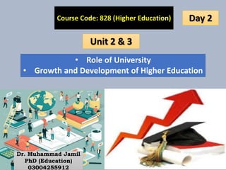 • Role of University
• Growth and Development of Higher Education
Course Code: 828 (Higher Education)
Unit 2 & 3
Dr. Muhammad Jamil
PhD (Education)
03004255912
Day 2
 
