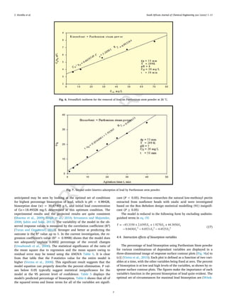 C
O
R
R
E
C
T
E
D
P
R
O
O
F
C. Kavitha et al. South African Journal of Chemical Engineering xxx (xxxx) 1–11
Fig. 6. Freundlich isotherm for the removal of lead on Parthenium stem powder at 26 °C.
Fig. 7. Second order kinetics adsorption of lead by Parthenium stem powder.
anticipated may be seen by looking at the optimal set of conditions
for highest percentage biosorption of lead, which is pH = 4.98428,
biosorption dose (w) = 30.67403 g/L, and initial lead concentration
of Co=18.49328 mg/L determined at this optimum condition. The
experimental results and the projected results are quite consistent
(Sharma et al., 2009; Singh et al., 2010; Srivastava and Majumder,
2008; Şahin and Saka, 2013). The variability of the model in the ob-
served response values is measured by the correlation coefficient (R2)
(Turan and Ozgonenel, 2013). Stronger and better at predicting the
outcome is the R2 value up to 1. In the current investigation, the re-
gression coefficient's value (R2 = 0.9998) shows that the model does
not adequately explain 0.0002 percentage of the overall changes
(Unuabonah et al., 2008). The statistical significance of the ratio of
the mean square due to regression and the mean square owing to
residual error may be tested using the ANOVA Table 5. It is clear
from that table that the F-statistics value for the entire model is
higher (Verma et al., 2008). This significant result suggests that the
model equation can properly describe the percent elimination. P val-
ues below 0.05 typically suggest statistical insignificance for the
model at the 95 percent level of confidence. Table 5 displays the
model's predicted percentage of biosorption. Table 6 shows that all of
the squared terms and linear terms for all of the variables are signifi-
cant (P < 0.05). Previous researches the natural low-methoxyl pectin
extracted from sunflower heads with oxalic acid were investigated
based on the Box–Behnken design statistical modelling (91) insignifi-
cant (P ≥ 0.05)
The model is reduced to the following form by excluding undistin-
guished terms in eq. (9)
(17)
4.4. Interaction effects of biosorption variables
The percentage of lead biosorption using Parthenium Stem powder
for various combinations of dependant variables are displayed in a
three-dimensional image of response surface contour plots [Fig. 9(a) to
(c)] (Vieira et al., 2010). Each plot is defined as a function of two vari-
ables at a time, with the other variables being fixed at zero. The percent
of biosorption is at low and high levels of the variables, as shown by re-
sponse surface contour plots. The figures make the importance of each
variable's function in the percent biosorption of lead quite evident. The
optimal set of circumstances for maximal lead biosorption are (Witek-
7
 